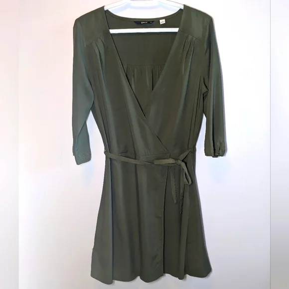 ONLY Wrap Dress Olive 3/4 length sleeve Size 36 - Picture 4 of 5